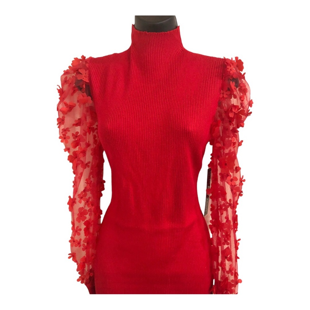 Red mock neck floral appliqué long sheer sleeve‎ knit sweater dress size large